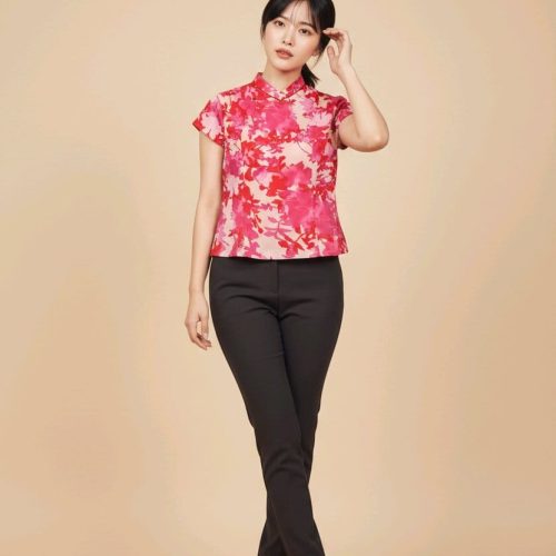 Crimson Petal Harmony - Women Short Sleeve Blouse