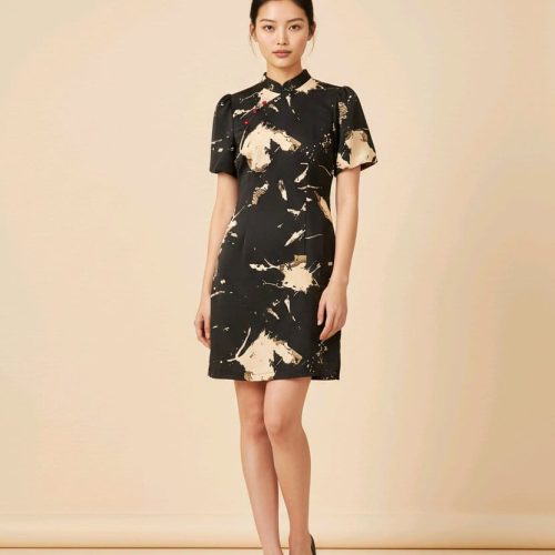 Eclipse Splatter - Women Bubble Sleeve Short Qipao